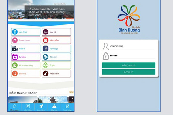Giao diện app du lịch Bình Dương trên thiết bị di động 