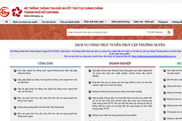 Giao diện của cổng thông tin giải quyết thủ tục hành chính 