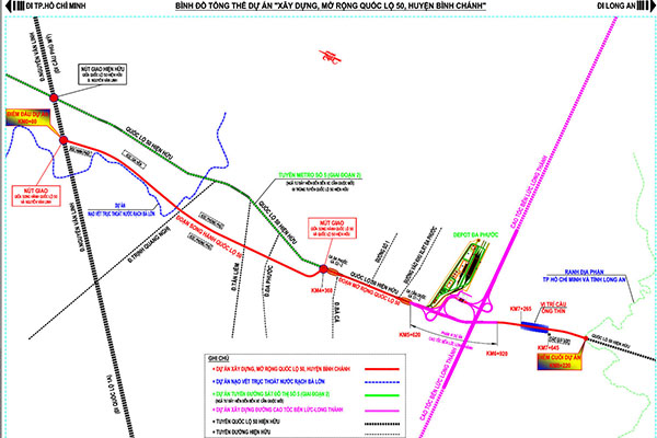 Sơ đồ hướng tuyến Quốc lộ 50 đoạn qua huyện Bình Chánh, TP.HCM 