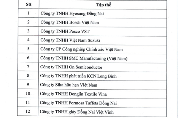 12 doanh nghiệp FDI được UBND tỉnh Đồng Nai tặng bằng khen vì có thành tích trong hoạt động sản xuất kinh doanh 