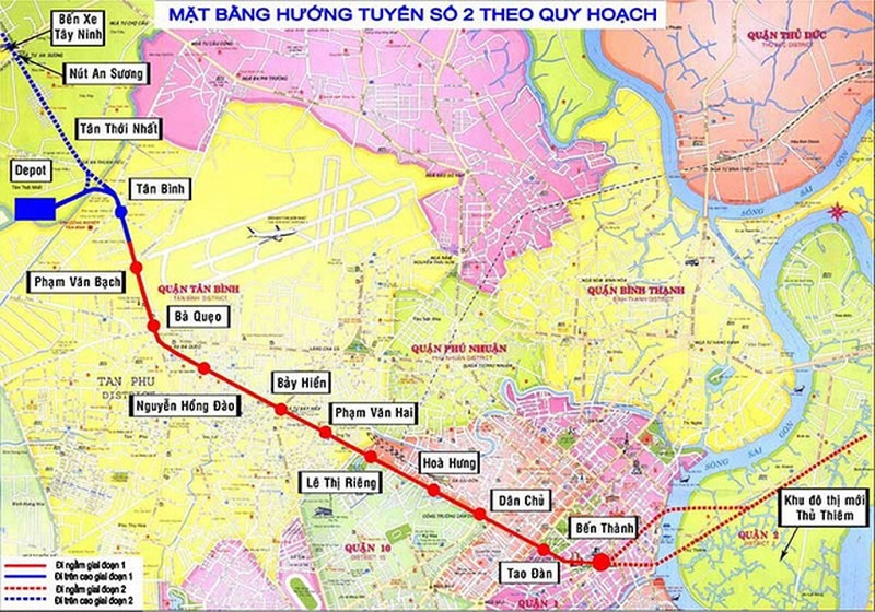 Sơ đồ hướng tuyến metro số 2 (Bến Thành - Tham Lương).