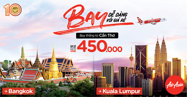 AirAsia mở đường bay thẳng từ Cần Thơ đến Kuala Lumpur và Bangkok