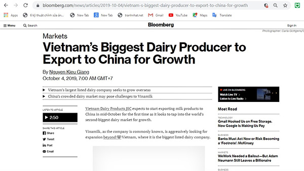 Hình 2: Bloomberg đã đưa tin tức với tiêu đề “Công ty sữa lớn nhất Việt Nam hướng tới việc xuất khẩu sang Trung Quốc để tăng trưởng”