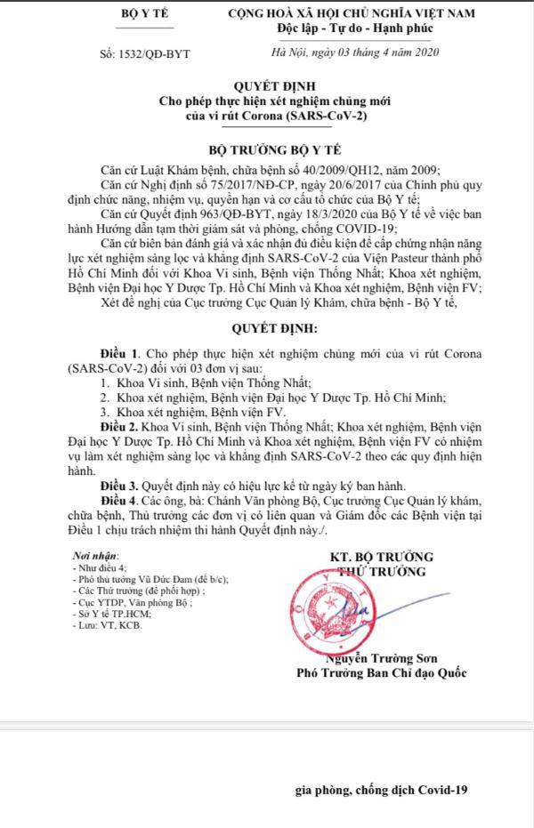 Quyết định của Bộ Y Tế cho phép 3 bệnh viện Thống Nhất, BV Đại học Y Dược TP.HCM và Bệnh viện FV được thực hiện xét nghiệm SARS-COV-2