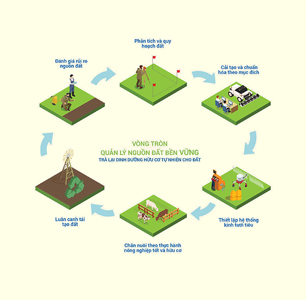 Sơ đồ vòng tròn quản lý nguồn đất bền vững được thực hiện tại các trang trại bò sữa của Vinamilk
