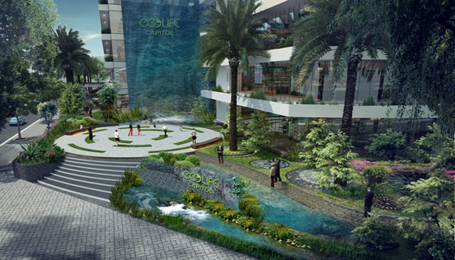 Dự án EcoLife Capitol được thiết kế hệ thống cây xanh 3 lớn và thác nước thẳng đứng từ tầng 5 xuống sảnh của Dự án