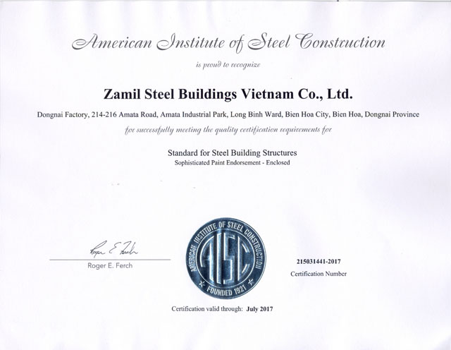 Chứng nhận tiêu chuẩn từ AISC trao cho Zamil Việt Nam 