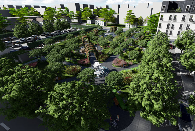 Phối cảnh góc khuôn viên cây xanh tại Dự án Belleville Hà Nội.