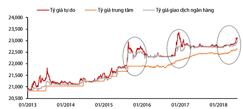 Tỷ giá trong 5 năm gần đây. Nguồn: Công ty chứng khoán Rồng Việt, Bloomberg