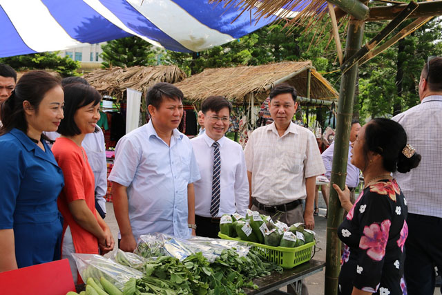 Ông Lò Minh Hùng, Phó Chủ tịch UBND tỉnh Sơn La (ở giữa) thăm các gian hàng tại Hội thảo khởi động Dự án