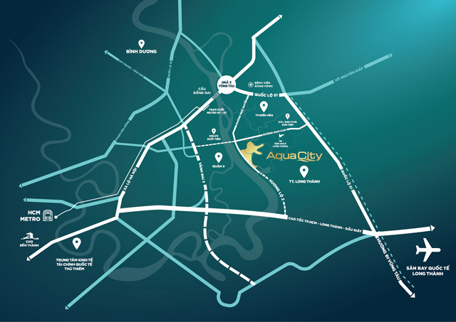 Aqua City nằm ở tâm điểm kết nối liên vùng, dù về trung tâm TP.HCM hay sân bay Long Thành cũng đều rất thuận lợi