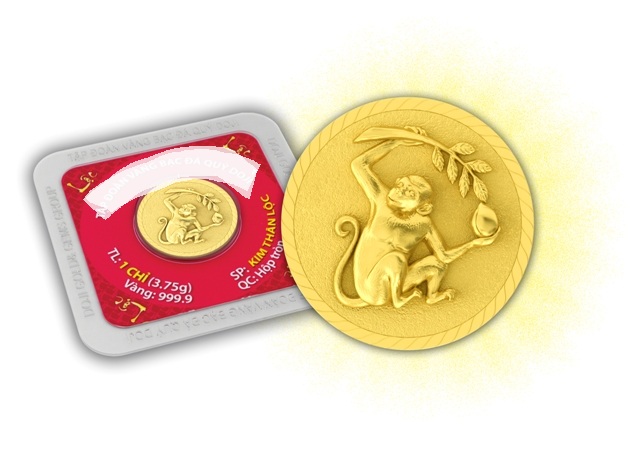 Một đồng tiền vàng in hình chú khỉ hái quả được DN đưa ra chờ đón ngày Vía Thần Tài năm 2016