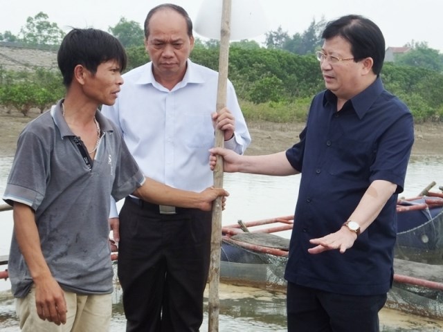 Phó Thủ tướng Trịnh Đình Dũng (áo đen) chỉ đạo trực tiếp tại các lồng bè nuôi thủy sản ở Hà Tĩnh