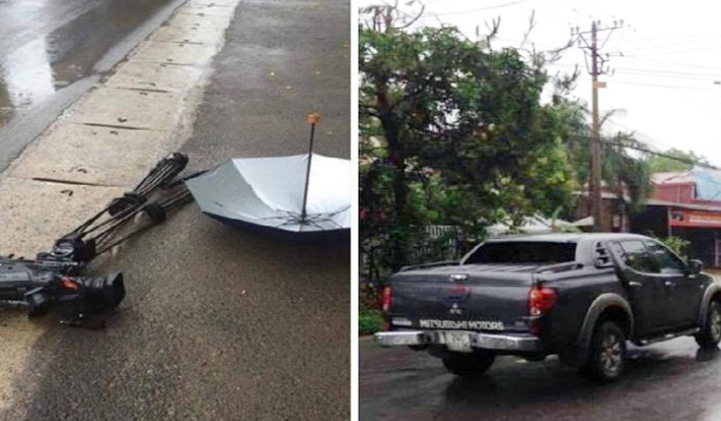Chiếc xe bán tải được cho là đã lao thẳng vào nhóm phóng viên Đài truyền hình Việt Nam, làm hư hỏng chiếc máy quay trị giá hơn 1 tỷ đồng