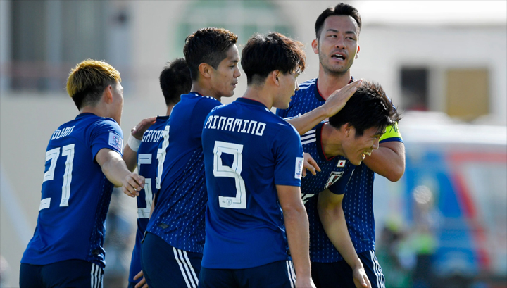 Các cầu thủ Nhật Bản mừng bàn thắng duy nhất trong trận đấu với Ả-rập Xê-út ở vòng 1/8.