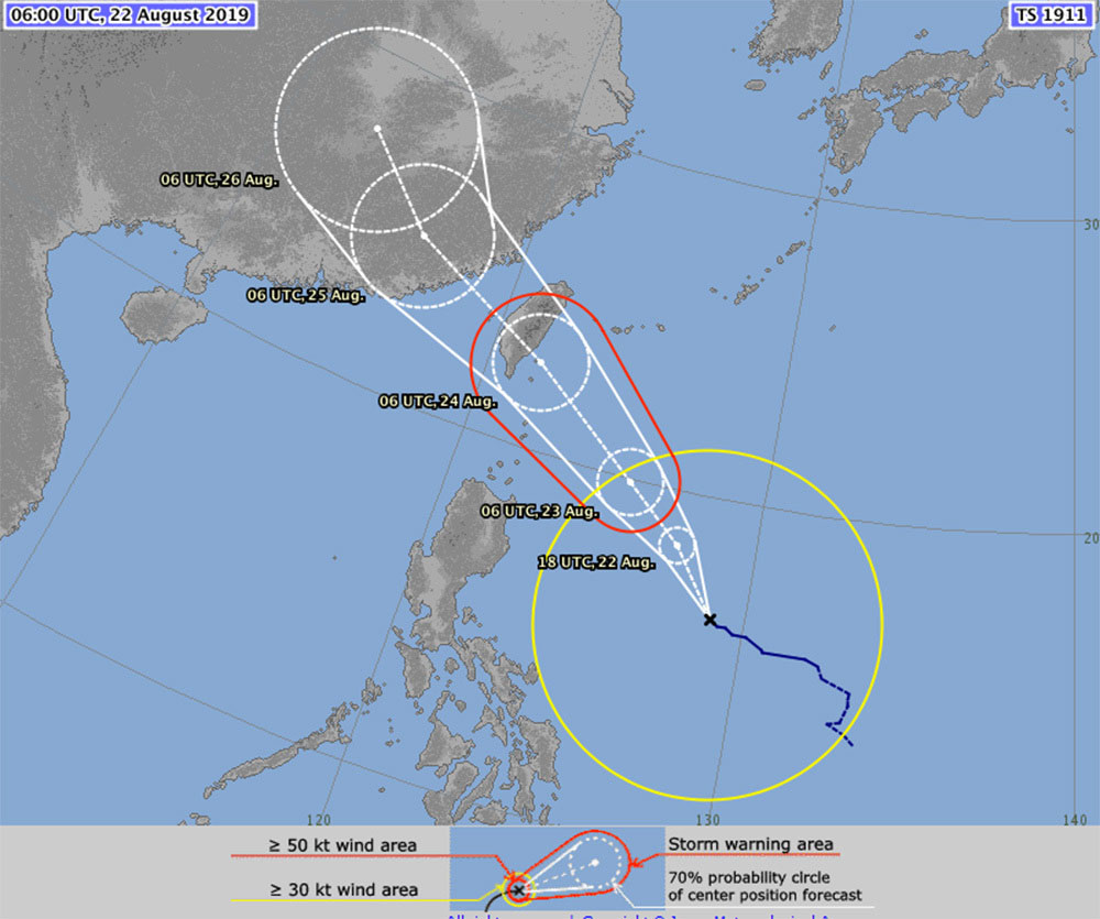 Hướng dự bão di chuyển của bão Bailu. Ảnh: Japan Meteorological Agency