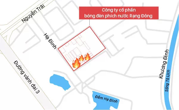 Vị trí nhà kho cháy của Công ty Rạng Đông. Đồ hoạ: Việt Chung.