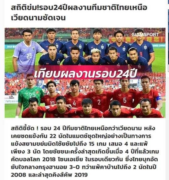 Tờ Siamsports  cho rằng đội tuyển Thái Lan áp đảo hoàn toàn trước Việt Nam trong quá khứ