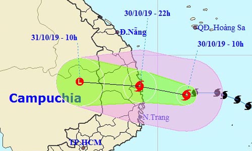 Hướng đi của bão Matmo theo dự báo của cơ quan khí tượng Việt Nam. Ảnh: NCHMF.