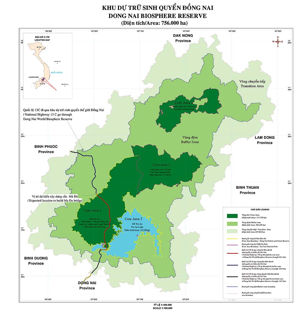 Bản đồ dự kiến đường tới cầu Mã Đã (vạch đỏ, 40 km) sẽ xuyên qua vùng lõi rừng của Khu Bảo tồn thiên nhiên - Văn hóa Đồng Nai 	