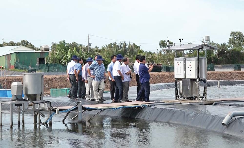 Lãnh đạo Bộ Nông nghiệp và Phát triển nông thôn cùng lãnh đạo UBND tỉnh Trà Vinh tham quan mô hình chuyển đổi số nuôi trồng thủy sản của Tập đoàn Mỹ Lan 	Ảnh: Văn Vũ