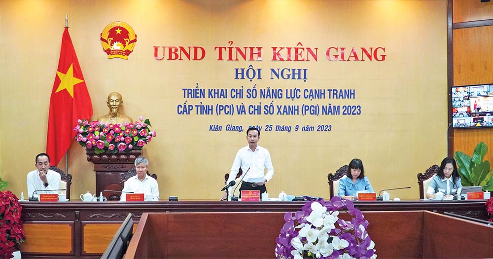 Phó chủ tịch UBND tỉnh Kiên Giang Nguyễn Thanh Nhàn phát biểu chỉ đạo tại Hội nghị triển khai Chỉ số PCI và Chỉ số PGI năm 2023 của tỉnh  	ảnh: khánh thùy