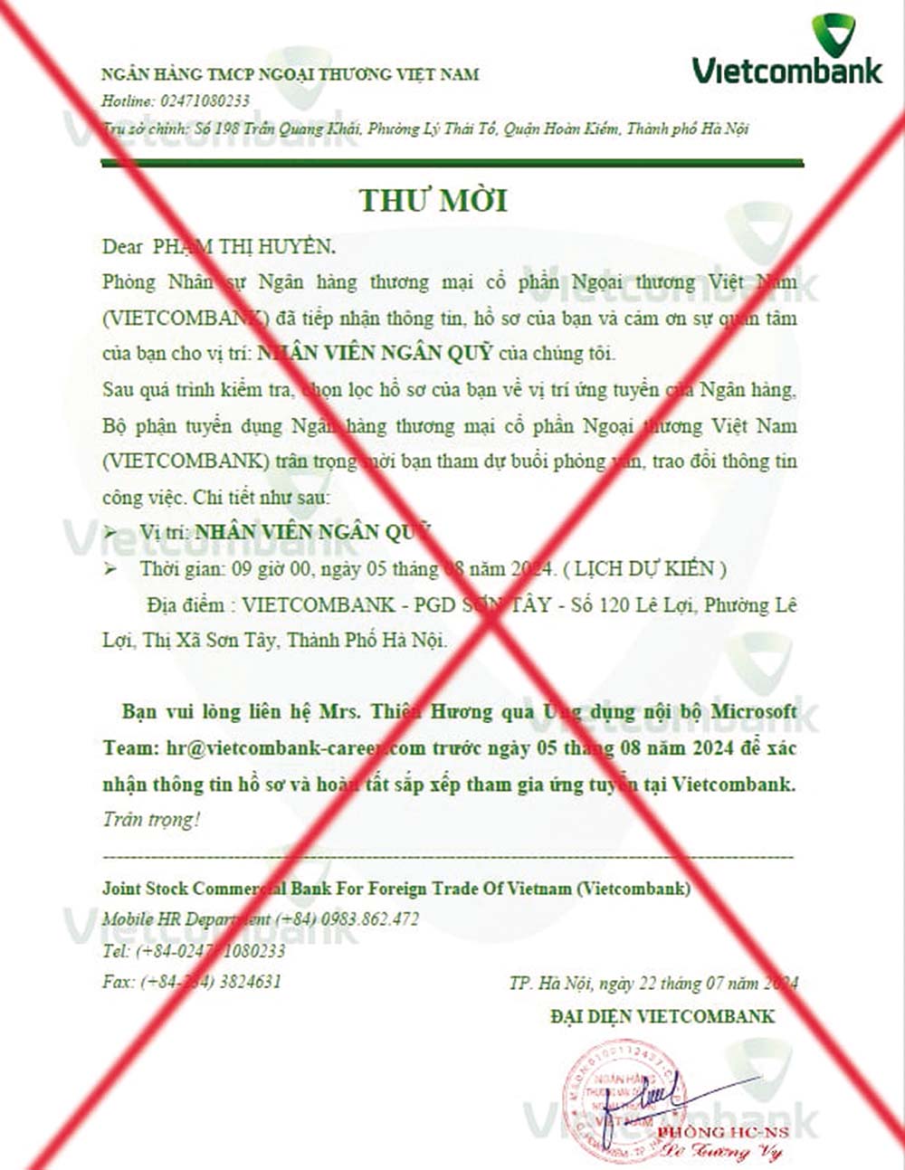 Giả mạo Vietcombank tạo thư mời tuyển dụng để lừa đảo