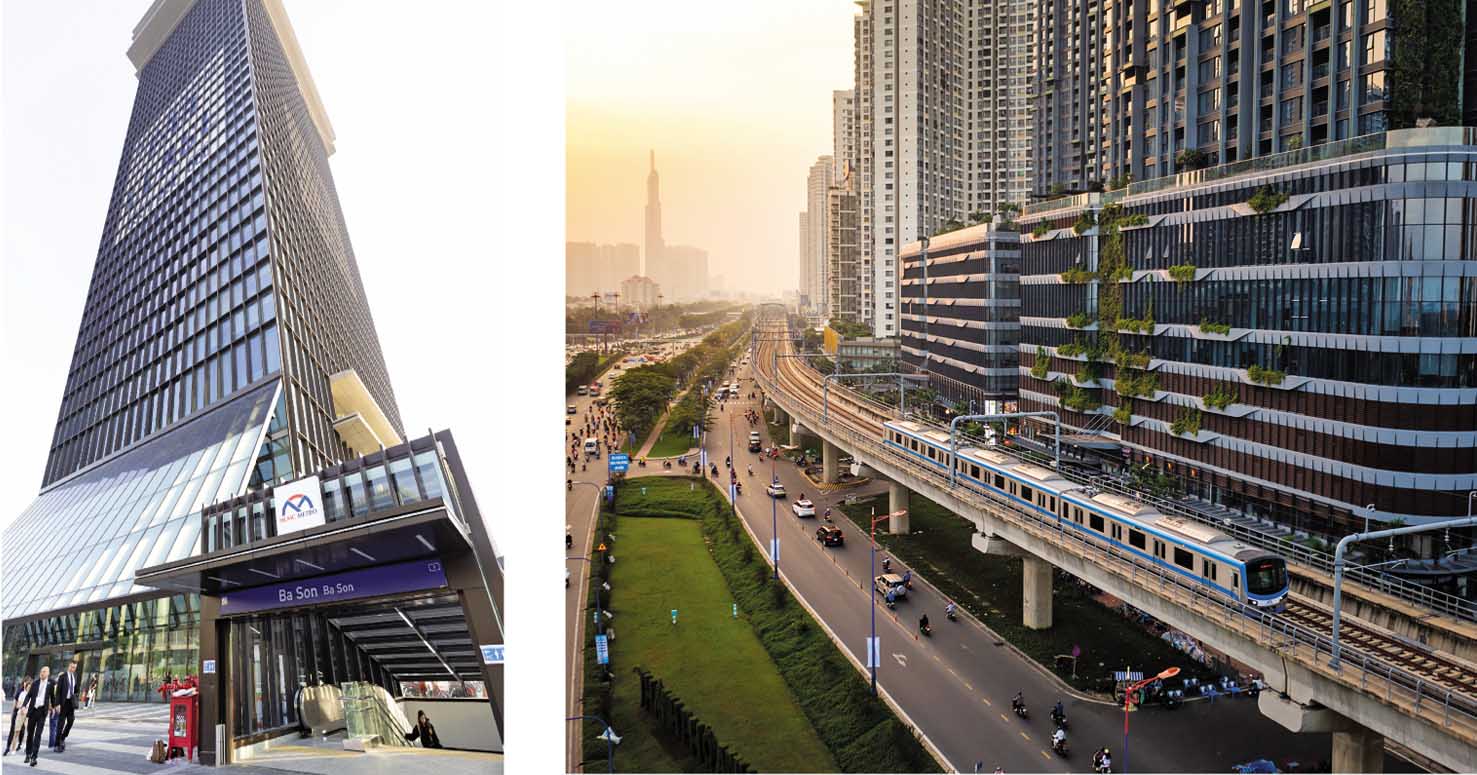 Tòa Marina Central Tower kết nối trực tiếp với tuyến Metro số 1 tại ga Ba Son (ảnh bên trái) , Các Dự án bất động sản kết nối tuyến Metro số 1 dọc đường Võ Nguyên Giáp (ảnh bên phải)