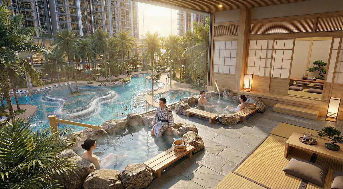 Tầng 3 khối đế tòa Alumi Premium 4 được thiết kế với bể tắm onsen, jacuzzi, dẫn trực tiếp nguồn khoáng từ mạch khoáng nóng tự nhiên, mang lại liệu trình wellness 365 ngày nghỉ dưỡng “tại gia” cho cư dân