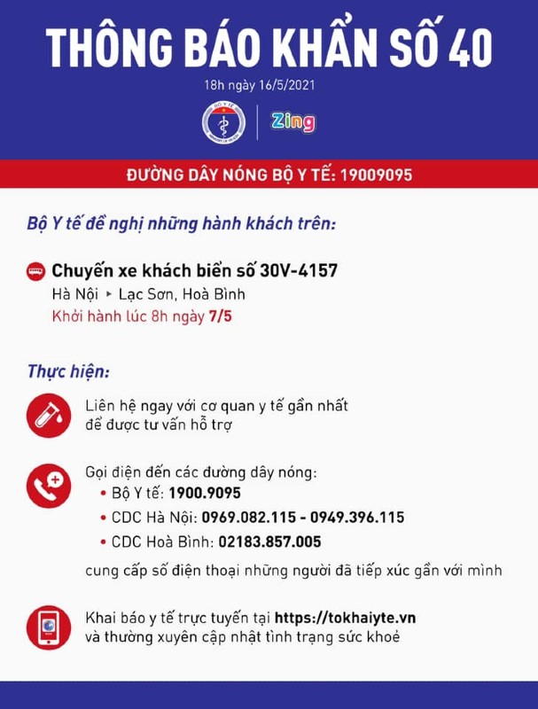 Bộ Y tế tìm hành khách trên chuyến xe Hà Nội - Lạc Sơn, Hòa Bình