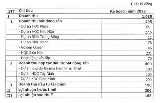 Kế hoạch kinh doanh của HQC năm 2022 (Nguồn: HQC).