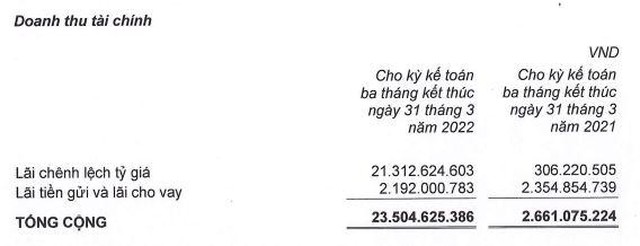 Cơ cấu doanh thu tài chính của TTF trong quý I/2022 (Nguồn: BCTC).