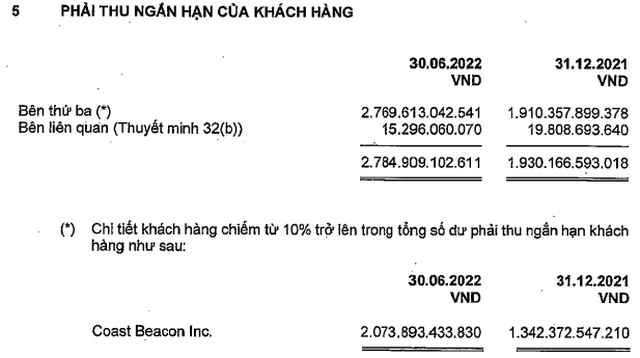 VHC tăng phải thu ngắn hạn khách hàng trong 6 tháng đầu năm (Nguồn: BCTC).