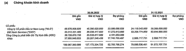 VHC trích lập 62,8 tỷ đồng đầu tư chứng khoán trong 6 tháng đầu năm (Nguồn: BCTC).