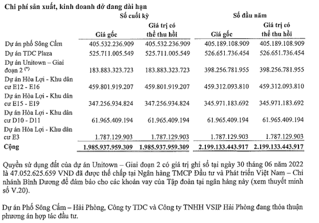 Cơ cấu chi phí sản xuất, kinh doanh dở dang dài hạn tới 30/6/2022 (Nguồn: BCTC).