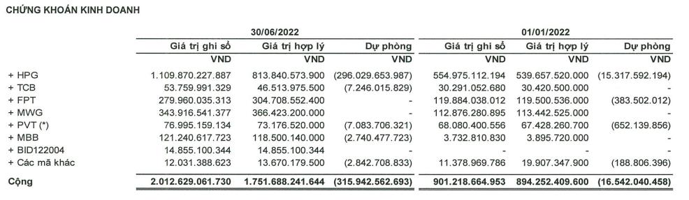 TVC tăng trích lập dự phòng đầu tư cổ phiếu HPG trong 6 tháng đầu năm 2022 (Nguồn: BCTC).