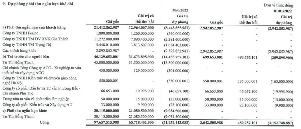 Danh sách các khoản phải thu thực hiện trích lập dự phòng tới 30/6/2022 (Nguồn: BCTC).