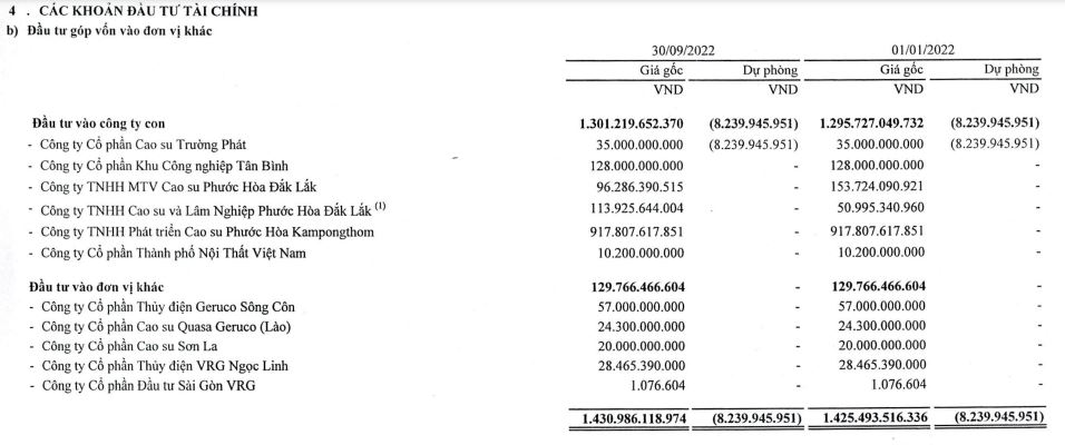 Danh mục đầu tư tài chính của PHR tới 30/9/2022 (Nguồn: BCTC).