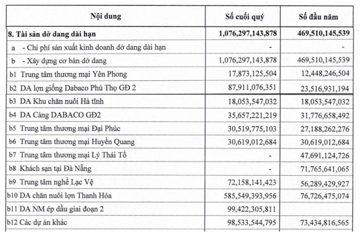 Cơ cấu tài sản dở dang dài hạn của DBC tới 30/9/2022 (Nguồn: BCTC).