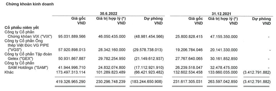 Danh mục đầu tư cổ phiếu của Petrosetco thời điểm 30/6/2022 (Nguồn: BCTC bán niên năm 2022).