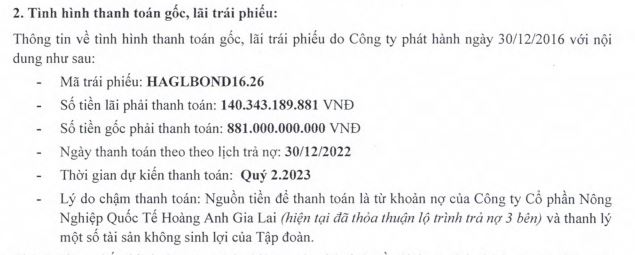 Cuối năm, Hoàng Anh Gia Lai không thanh toán đúng hạn trái phiếu 1 HAG không thể thanh toán gốc và lãi trái phiếu HAGLBOND16.26 (Nguồn: HAG).