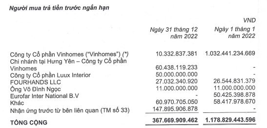 Năm 2022, Gỗ Trường Thành chuyển khoản mục người mua trả tiền trước ngắn hạn sang dài hạn (Nguồn: BCTC)