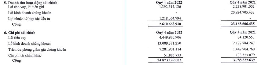 Samland lỗ trong quý IV/2022 do đầu tư thua lỗ chứng khonas (Nguồn: BCTC).