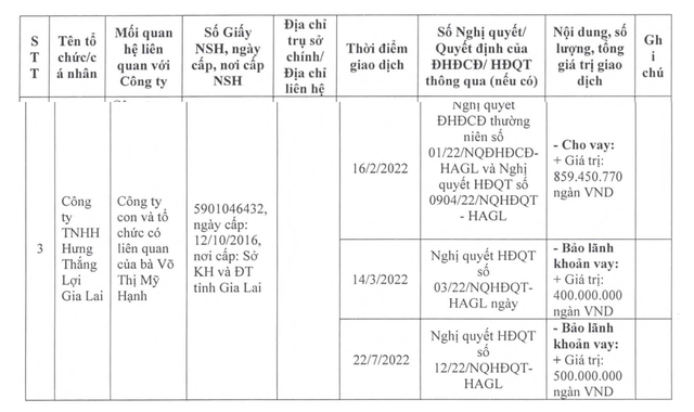 Hoàng Anh Gia Lai bảo lãnh cho Hưng Thắng Lợi gia Lai vay vốn ngân hàng trong năm 2022 (Nguồn: HAG).