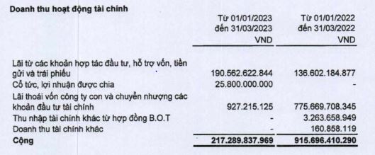 Đầu tư Hạ tầng Kỹ thuật TP.HCM hụt doanh thu tài chính quý I/2023 (Nguồn BCTC).