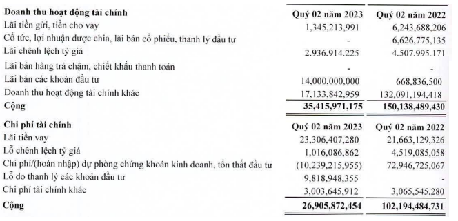 Cơ cấu doanh thu và chi phí tài chính quý II/2023 (Nguồn: BCTC)