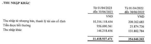 Thép Tiến Lên ghi nhận lãi đột biến từ nhượng bán, thanh lý tài sản cố định trong quý II/2023 (Nguồn: BCTC)