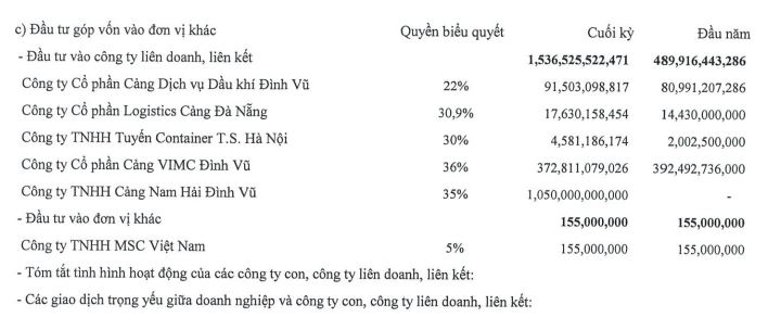 Container Việt Nam cho biết đang sở hữu 35% vốn tại Công ty TNHH Cảng Nam Hải Đình Vũ tại thời điểm 30/6/2023 (Nguồn: BCTC)