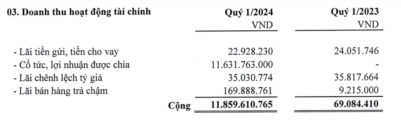 Cơ cấu doanh thu tài chính quý I/2024 của Hodeco (Nguồn: BCTC)