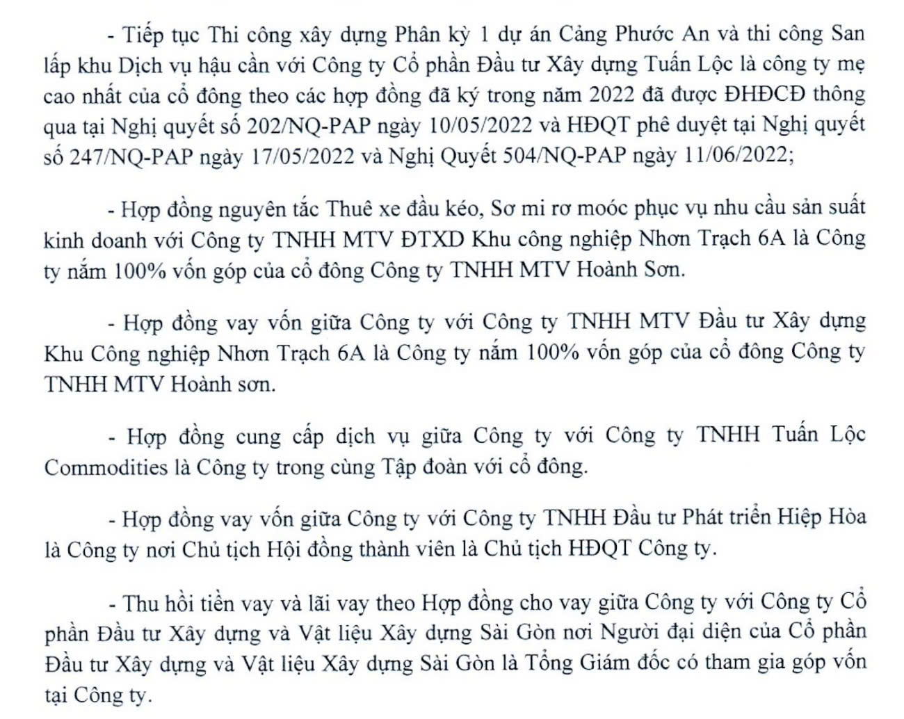 Các giao dịch với người có liên quan chủ yếu của Cảng Phước An trong năm 2024. Nguồn: Báo cáo quản trị